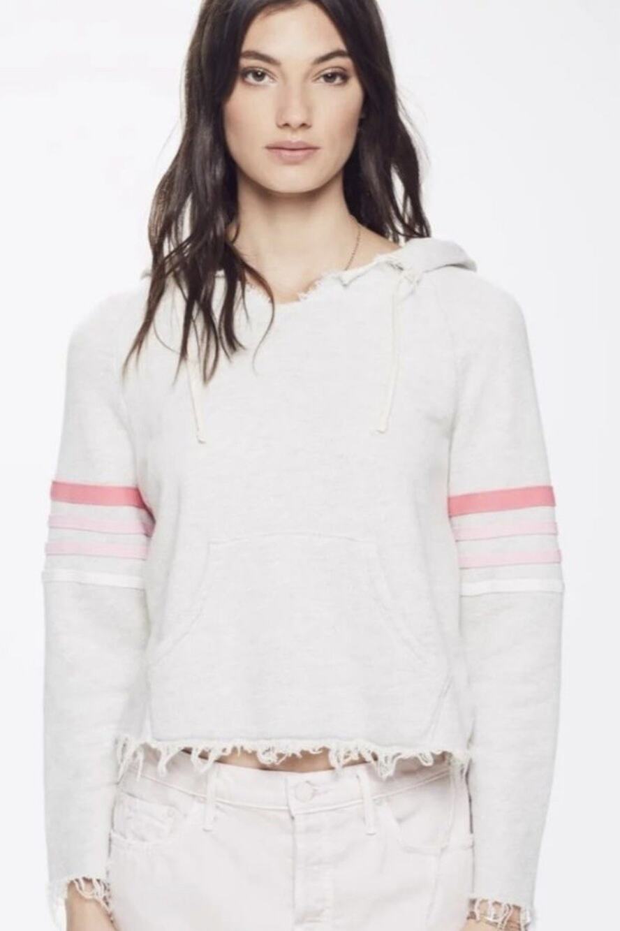 Mother Square Tear Raw Hem Hooded Sweatshirt Raglan Sleeve Grey Pink Stripes S